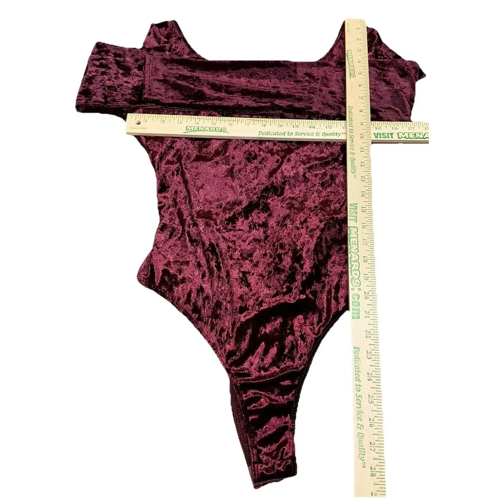 Lush Crushed Velvet Long Sleeve Bodysuit Burgundy Wine Holiday Party Women's L - Picture 7 of 10